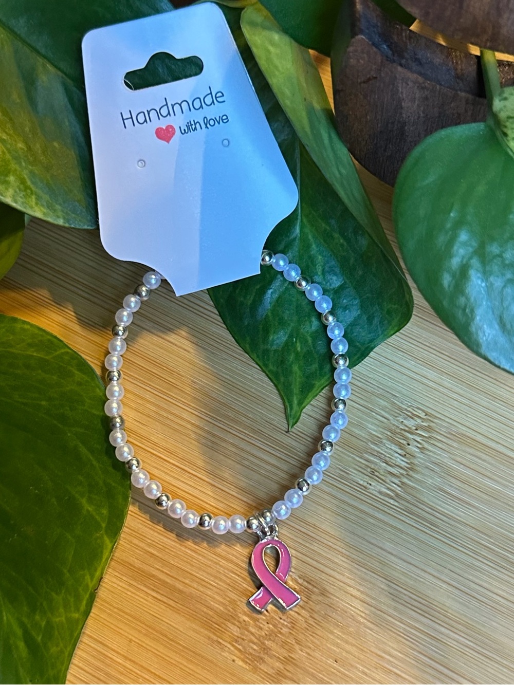 🎀 Breast Cancer Awareness Stretchy Beaded Bracelet | Handmade | Dangle Charm 🎀